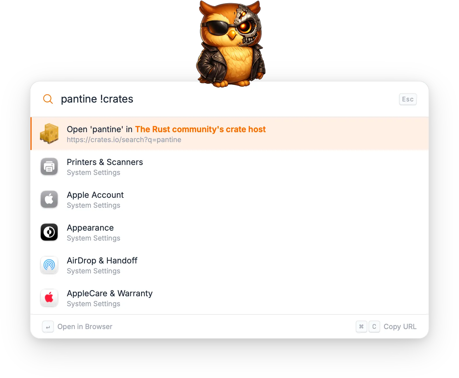Torchsnap launcher with 'pantine !crates' typed; the top result opens 'pantine' in the Rust community's crate host, with several System Settings results listed below.