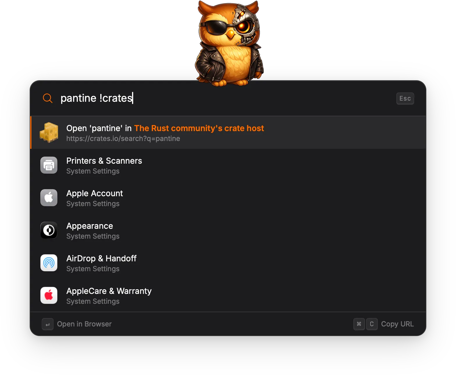 Torchsnap launcher with 'pantine !crates' typed; the top result opens 'pantine' in the Rust community's crate host, with several System Settings results listed below.