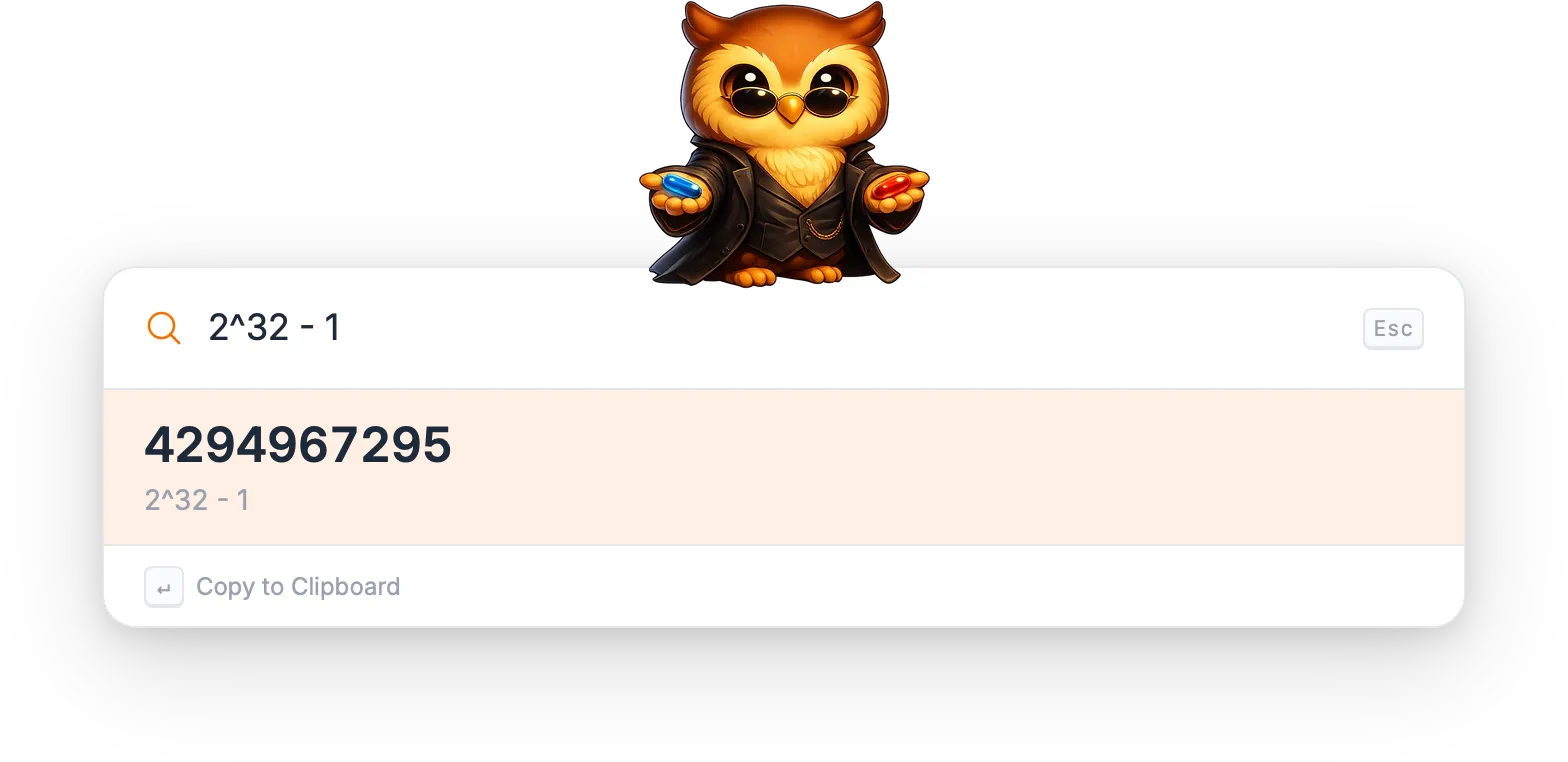 Torchsnap launcher with the expression '2^32 - 1' typed; the calculator's inline row shows the result 4294967295 above the standard footer.